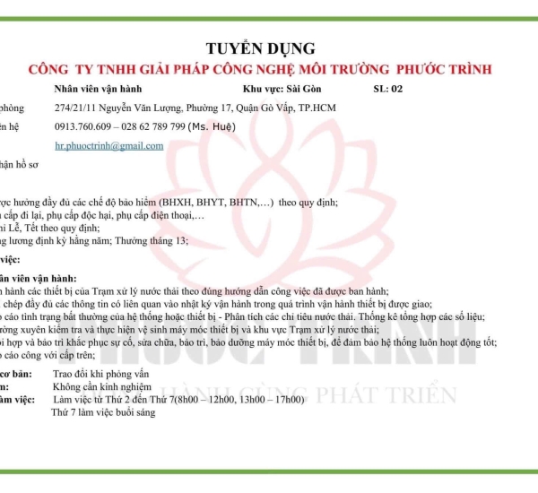 TUYỂN DỤNG THÁNG 5/2025: NHÂN VIÊN VẬN HÀNH TẠI SÀI GÒN