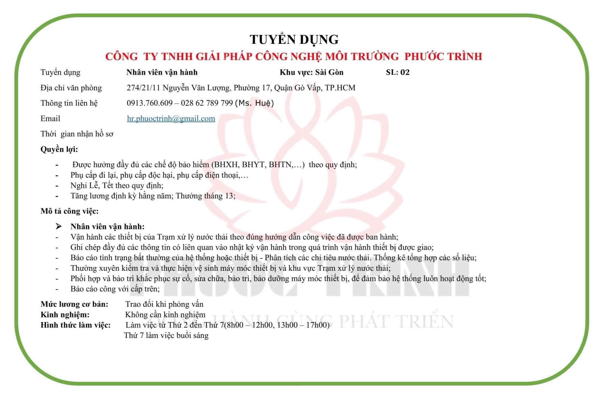 TUYỂN DỤNG THÁNG 5/2025: NHÂN VIÊN VẬN HÀNH TẠI SÀI GÒN